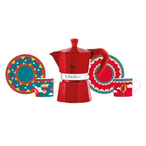 Bialetti Moka Express 3TZ  + 2 Cups Gift Set - Winter Wonderland - Red - suitable for 3 cups