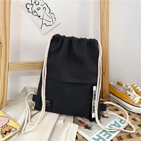 Bundle pocket drawstring backpack for male and female students, lightweight sports backpack, black