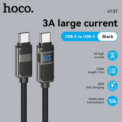 HOCO 60W Charging Data Cable with Power Display Type-C to Type-C 1.2M - Black