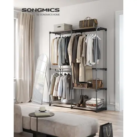 SONGMICS Offener Kleiderschrank mit 3 Hängefächern für Schlafzimmer und Wohnzimmer 138 x 43 x 182 cm