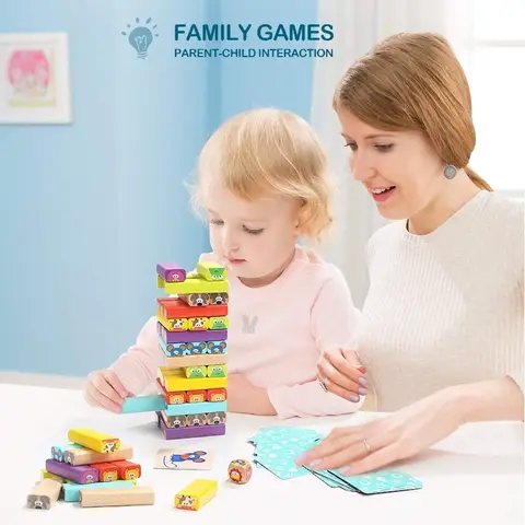 Topbright Jeu de jenga avec blocs en bois colorés avec dessins d'animaux pour enfants 5 à 8 ans