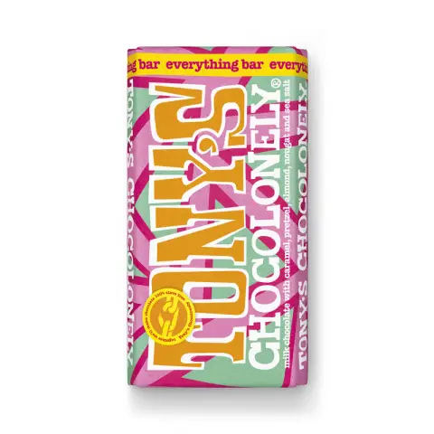 Tony's Chocolonely Milk Chocolate Caramel, Almond, Pretzel & Sea Salt
(Everything Bar) 180g