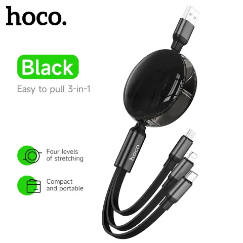 HOCO 3-in-1 Retractable Charging Cable - USB-A to Lightning/ USB-C/ Micro-USB - 1M - Black