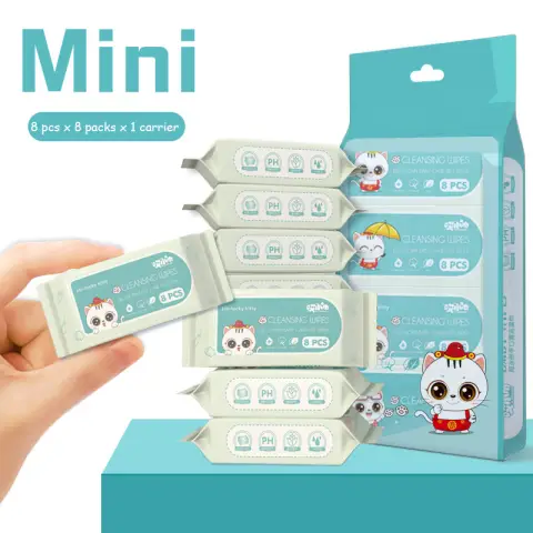 Huacan Mini-Feuchttücher, tragbare Packung für Babys und Erwachsene, 8 Blatt pro Packung, 8 Packungen, herausziehbare Verpackung 4