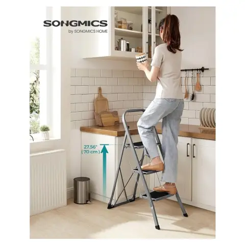 SONGMICS 3 Step Folding Ladder 150kg Safety Lock Dove Grey