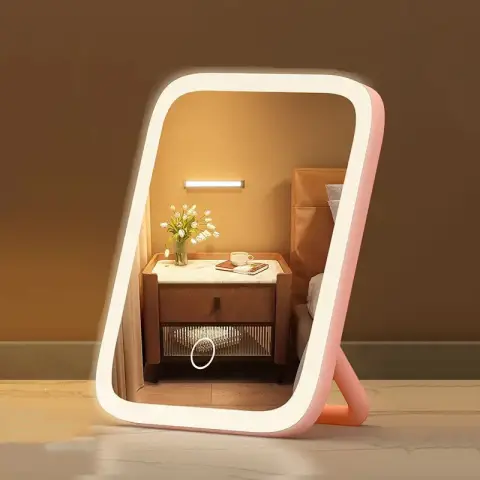 Lighted Vanity Mirror 360° Dimmable with U-Shaped Bracket Touch Screen Pink Flat Dressing Mirror