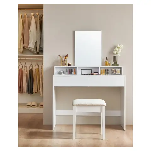 VASAGLE RDT163W01 Dressing Table with Large Mirror 2 Drawers 3 Open Compartments Cosmetic Table Modern White
