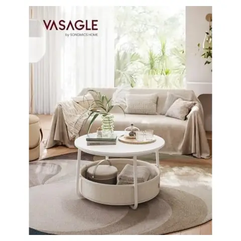 VASAGLE Couchtisch mit Stauraum runder Tisch Stoffkorb modern Metallgestell mattweiß kamelbraun