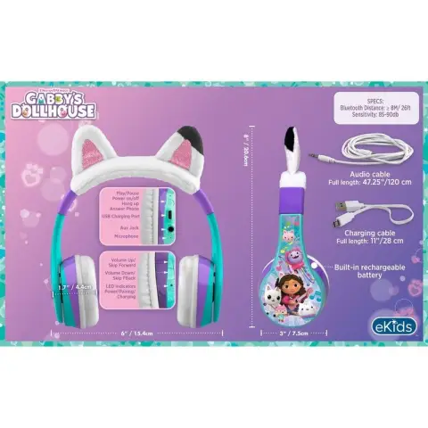 Gabby's Dollhouse - junior bluetooth headphones - with earphones