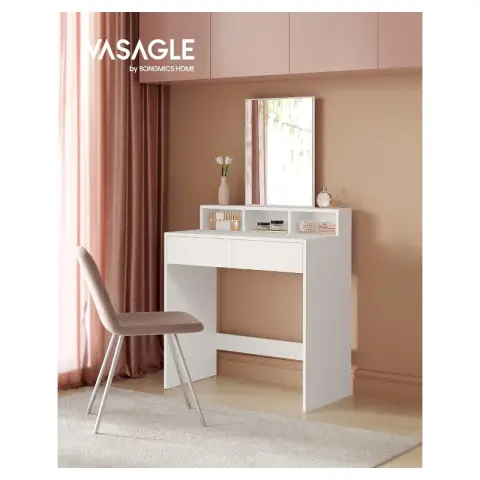 VASAGLE Coiffeuse Moderne avec Grand Miroir Rectangulaire, 2 Tiroirs & 3 Compartiments Ouverts, Blanc