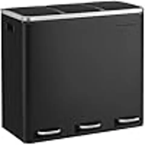 SONGMICS 3x18L Kitchen Bin, 3-Comp. Recycle/Waste, Steel, Soft-Close Lid, Pedals, 15 Bags, Ink Black