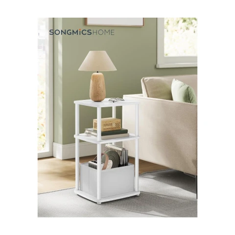 SONGMICS HOME Table de chevet avec 3 étagères et panier en tissu pour chambre à coucher ou salon, assemblage ultra-rapide sans outils, cadre en acier, 30 x 34 x 58 cm, moderne, neige blanche