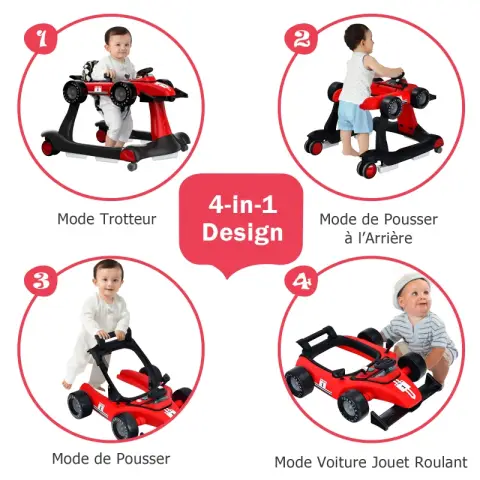 COSTWAY 4 en 1 Trotteur Trotteur pliable  avec hauteur réglable Rouge