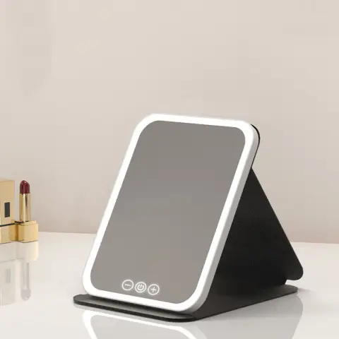 LED Dimmable Travel Makeup Mirror 3 Colors Light Modes Adjust Brightness Folding Black LED Makeup Mirror