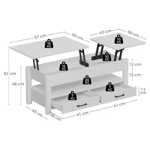Rolanstar Two-way pneumatic lift double-drawer coffee table, white, 100 cm White 100 cm