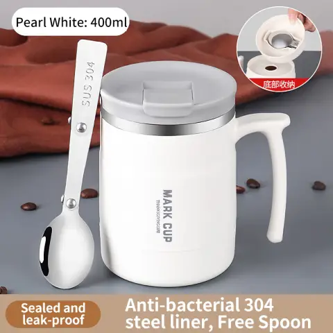 BJ 304 stainless steel Mark coffee cup insulated cup, double-layer anti scalding with lid, drinking cup+folding spoon 400mL