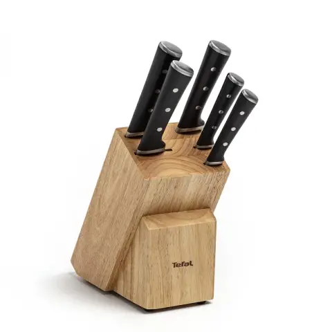 Tefal 5‑pc Stainless Steel Knife Set w/ Wooden Block – 9/11/18/20/20 cm