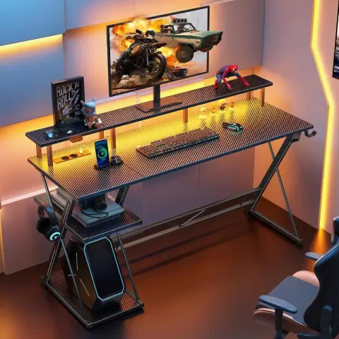 SEVEN WARRIOR Straight gaming desk with CPU stand - 140cm - carbon fiber black