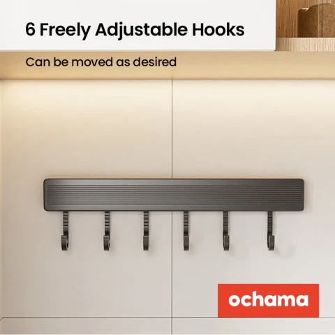 J.Zao Wall-Mounted Movable Hook Bar - No-Drill Kitchen Rack, Space Aluminum, Ideal for Kitchen Hook (Type 2) Utensils and Cutting Boards, 40 cm