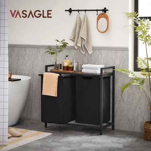 VASAGLE Laundry Basket - 2-Compartment Storage Basket - Metal Frame - 73 x 33 x 72 cm 2 x 46 L