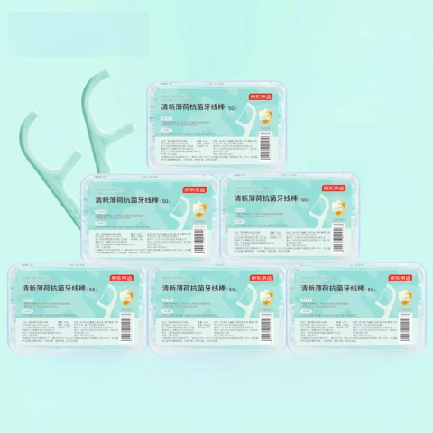 J.Zao Antibacteriële Fresh Mint Dental Floss Sticks - 50 Sticks x 6 Dozen - Zachte Dental Mint Tandzijde (50*6 Dozen) Floss Sticks voor het gemakkelijk reinigen van tandkloven - Draagbaar