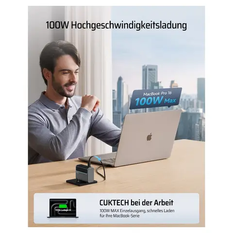 CUKTECH USB C 100W lader, 3 poorten GaN III en PPS PD3.0 snellaadstation voor MacBook Air/Pro AD1003 Kleur: Zwart