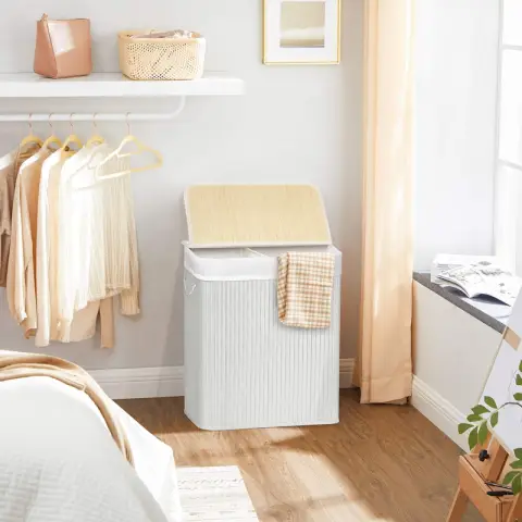 SONGMICS Bamboo laundry basket, 2-compartment laundry collector, laundry sorter with lid and removable laundry bag, cotton handles, 100 L laundry box, white LCB64WT