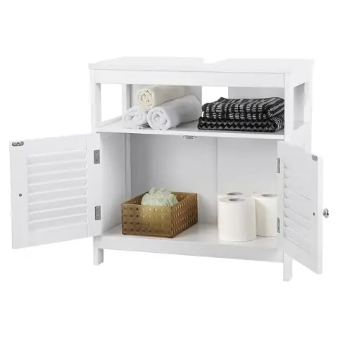 VASAGLE Badkamer Kast Onder Wastafel Latten Deuren 2 Vakken Wit 60x60x30cm(W x H x D)