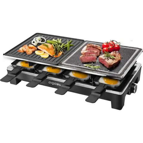 Aigostar Multifunctionele raclette grill/BBQ, halve natuursteen- en halve aluminium bakplaat, 1500 W