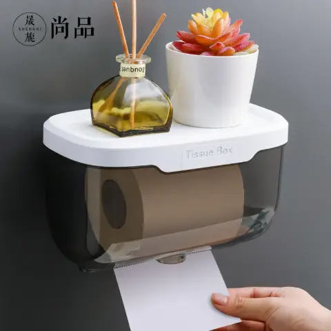 SNSP Toilet Tissue Box, Waterproof Roll Paper Box, Bathroom Kitchen Tissue Rack, Storage Shelf, Installation without Drilling, Transparent