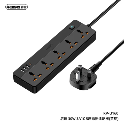 REMAX Kiddy Series 30W 3A1C 5-outlet Power Strip RP-U160 Black