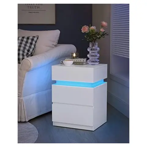 VASAGLE Nightstand with LED Lighting Adjustable Colors 3 Drawers Modern White 35x40x55cm