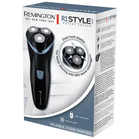 Remington R1 Style Series Rotary Shaver – Dual Track Blades, USB-C Rechargeable, Pop-Up Trimmer, Easy Clean, Travel Friendly – Black/Blue, R1000