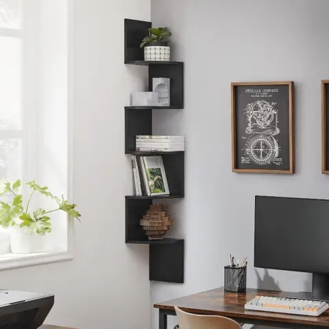 VASAGLE Etagère d'angle 5 Niveaux Zigzag Flottante Noire