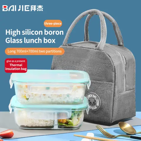 BJ Boîte à lunch en verre borosilicate à haute teneur en verre contenant des aliments 700 ml + rectangulaire 700 ml + sac type B