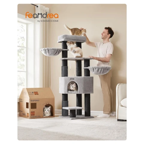 FEANDREA Zware Cat Tree 50x50x160cm Self-Warming Pads Grijs Zwart