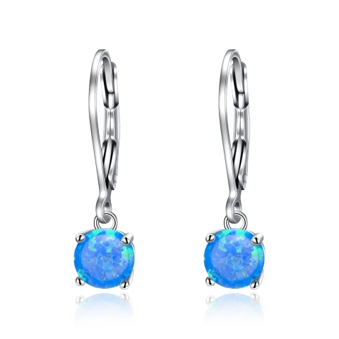 Ever Faith 925 Sterling Silver Round Created Opal Earring, Opal Teardrop Leverback Earrings, 6mm Opal Damgle Earrings