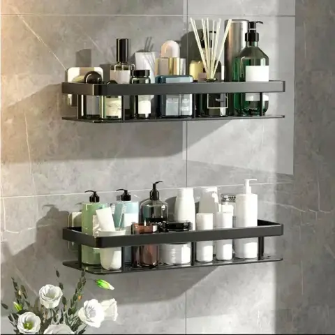 2pcs Bathroom Storage Rack No Drill Shelves Shower Holder black square Black