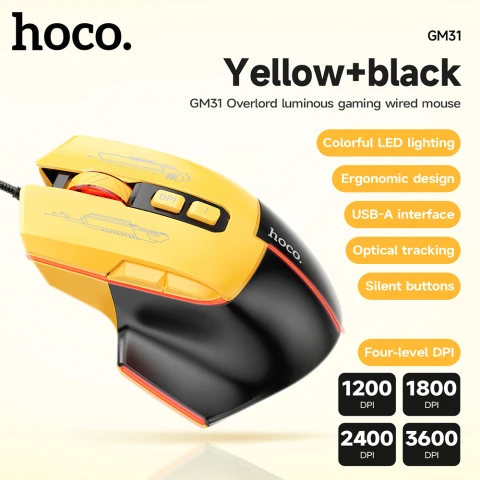 HOCO Wired Luminous Gaming Mouse with Ergonomic Design - Black Yellow