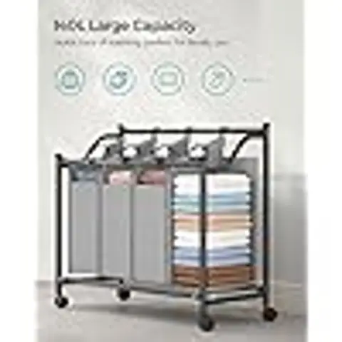 SONGMICS Mobile Laundry Cart 4-Bag w/Wheels Multi-Room 4x35L Grey
