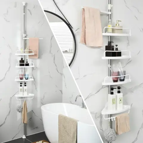 SONGMICS Adjustable Corner Shelf, 95-300cm, Stainless Steel, 4 Trays 3 Hooks 1 Bar, White/Silver
