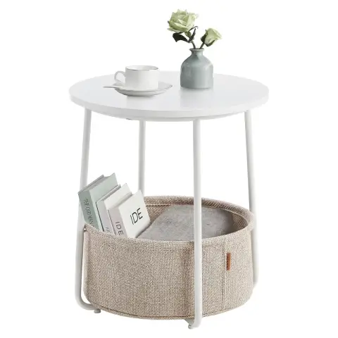 VASAGLE Seitentisch Runder Endetisch Stoffkorb Wohnzimmer Schlafzimmer Modern Weiß Beige