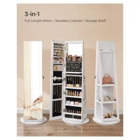 SONGMICS 6 LEDs Swivel Jewelry Cabinet with Lock White Black FullLength Mirror