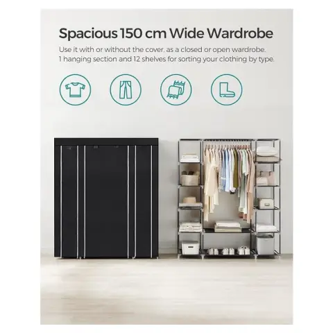 SONGMICS Placard Portable 12 Compts Armure Métal Housse Non-Tissée 45x150x175cm Noir