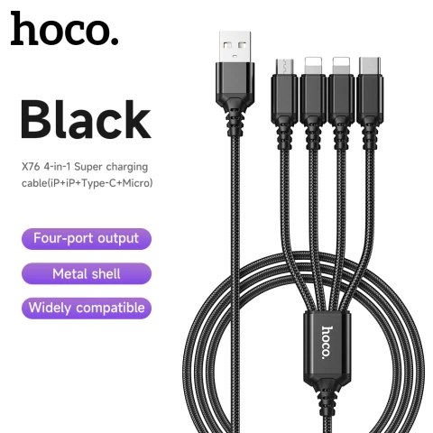 HOCO X76 1M 4-in-1 USB-A to 2x Lightning Cable, 1x Type-C, 1x Micro-USB - Black  