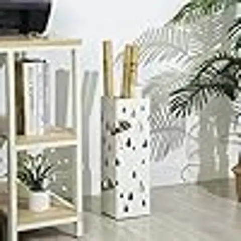 SONGMICS Square Metal Umbrella Stand w/Drip Tray 4 Hooks White 15.5x15.5x49cm