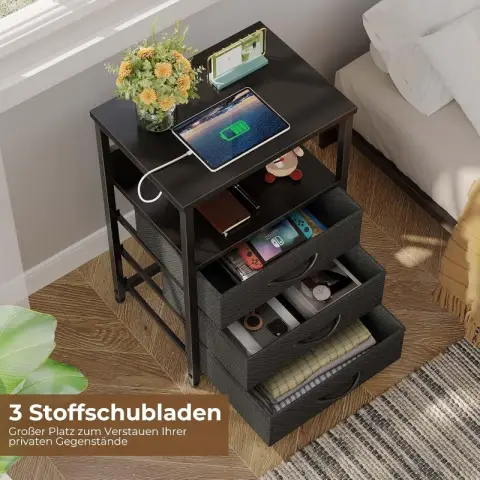 Seventable Three fabric drawer side table with power and light - matte black Black