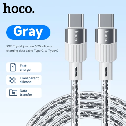 HOCO X99 Crystal junction 60W silicone charging data cable Type-C to Type-C - Grey