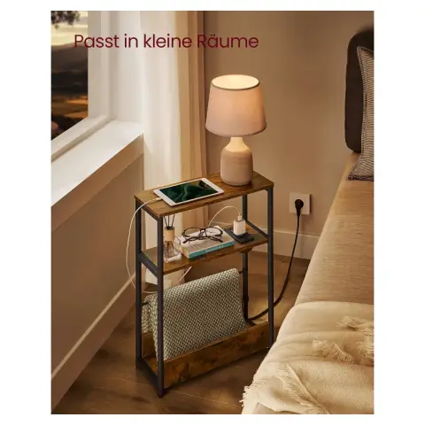 VASAGLE Vintage Charging Side Table 3-Tier Shelf Magazine Holder Living Room Bedroom Study Ink Black Brown