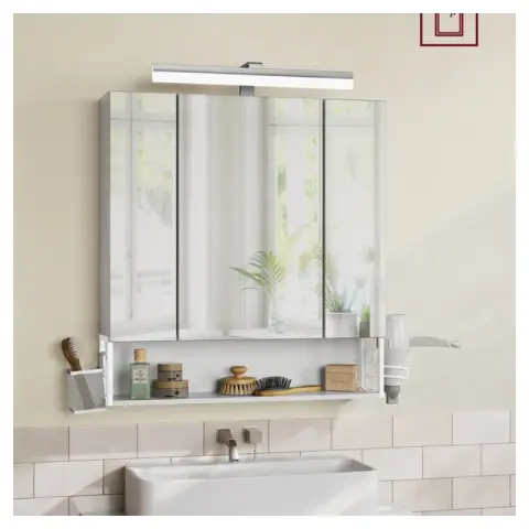 VASAGLE Badezimmerschrank mit LED-Beleuchtung, Hängekorb, Föhnhalter, Spiegelschrank BBK126W01